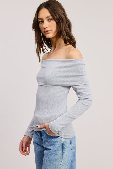 Heather Grey Off Shoulder Foldover Long Sleeve Top