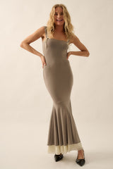 Taupe Knit Tie Detail Sleeveless Mermaid Maxi Maternity Dress
