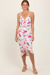 Fuchsia Floral Ruched Tulip Hem Maternity Midi Dress