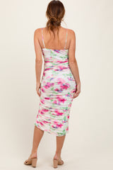 Fuchsia Floral Ruched Tulip Hem Midi Dress