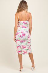 Fuchsia Floral Ruched Tulip Hem Maternity Midi Dress