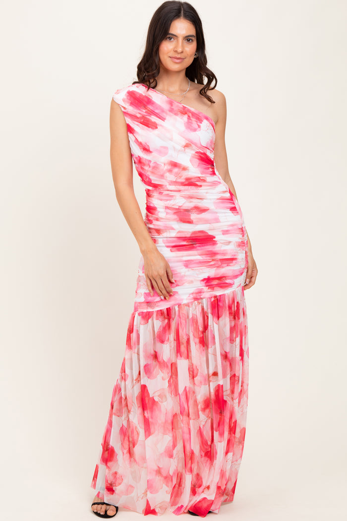 Fuchsia Floral Ruched Mesh One Shoulder Maxi Dress
