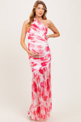 Fuchsia Floral Ruched Mesh One Shoulder Maternity Maxi Dress