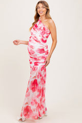 Fuchsia Floral Ruched Mesh One Shoulder Maternity Maxi Dress