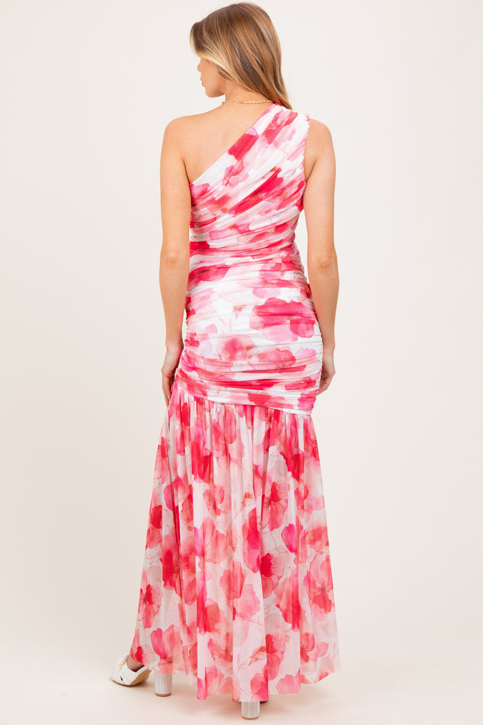 Fuchsia Floral Ruched Mesh One Shoulder Maternity Maxi Dress