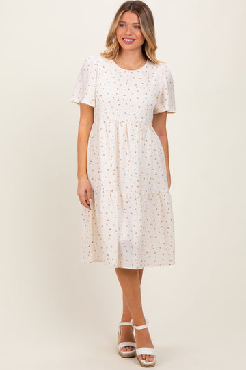 Ivory Floral Short Sleeve Tiered Midi Dress