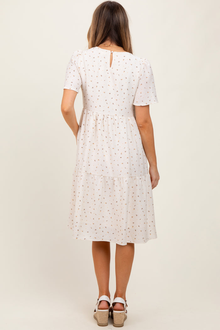Ivory Floral Short Sleeve Tiered Midi Dress