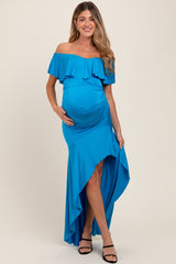Blue Off Shoulder Ruffle Hi-Low Maternity Maxi Dress