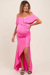 Fuchsia Off Shoulder Ruffle Hi-Low Maternity Maxi Dress