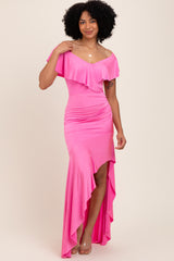 Fuchsia Off Shoulder Ruffle Hi-Low Maxi Dress