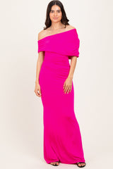 Pink Off Shoulder Foldover Ruched Maxi Dress