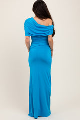 Blue Off Shoulder Foldover Ruched Maternity Maxi Dress