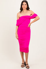 Fuchsia Off Shoulder Draped Ruched Maternity Midi Dress