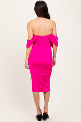 Fuchsia Off Shoulder Draped Ruched Midi Dress