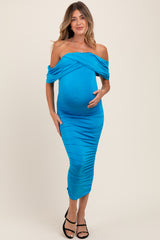 Blue Off Shoulder Draped Ruched Maternity Midi Dress