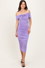 Lavender Knotted Off Shoulder Ruched Maternity Midi Dress