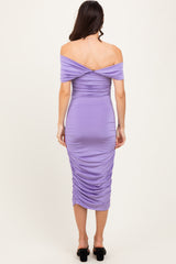 Lavender Knotted Off Shoulder Ruched Midi Dress