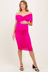 Fuchsia Knotted Off Shoulder Ruched Maternity Midi Dress