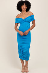 Blue Knotted Off Shoulder Ruched Midi Dress