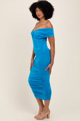 Blue Knotted Off Shoulder Ruched Midi Dress