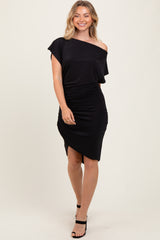 Black One Shoulder Ruched Dress