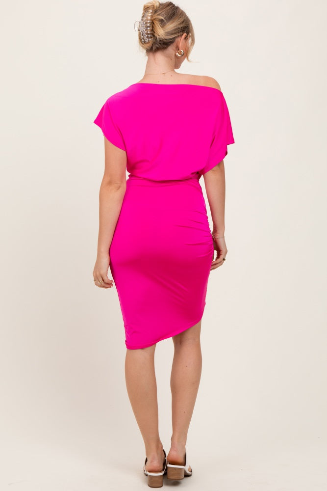 Fuchsia One Shoulder Ruched Dress