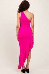 Fuchsia One Shoulder Asymmetrical Ruffle Dress