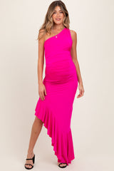 Fuchsia One Shoulder Asymmetrical Ruffle Maternity Dress