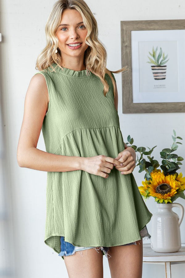 Light Olive Ruffle Mock Neck Sleeveless Blouse