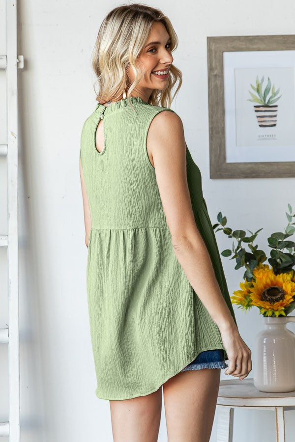 Light Olive Ruffle Mock Neck Sleeveless Blouse