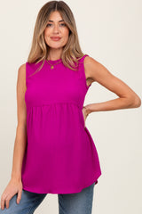 Magenta Ruffle Mock Neck Maternity Sleeveless Blouse