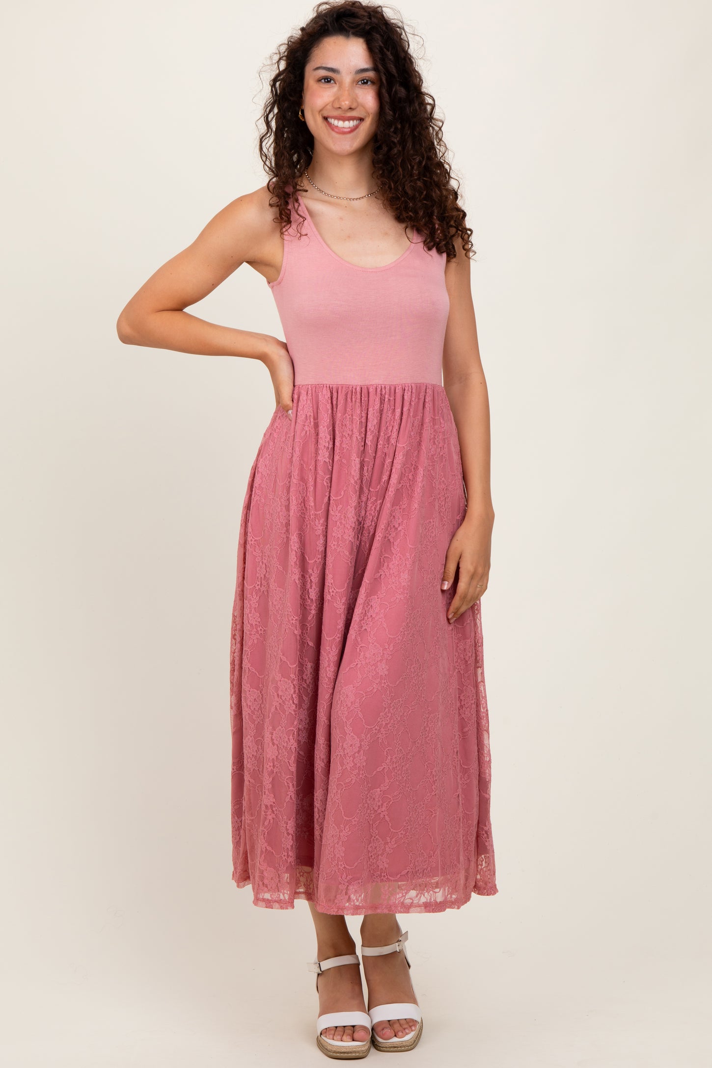 Mauve Solid Tank Top Lace Skirt Maternity Midi Dress