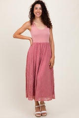 Mauve Solid Tank Top Lace Skirt Maternity Midi Dress