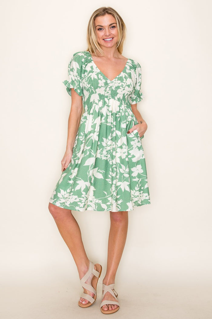 Light Olive Floral Smocked Puff Sleeve Maternity Dress