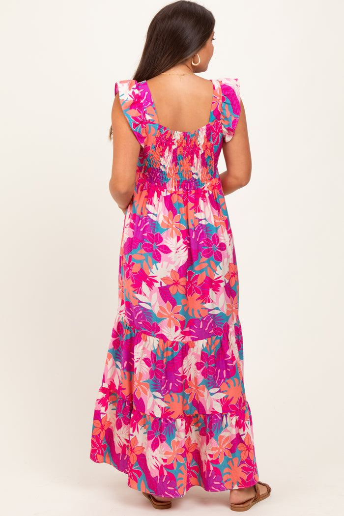 Magenta Tropical Floral Tiered Maternity Maxi Dress