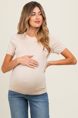Beige Knit Crew Neck Maternity Short Sleeve Top