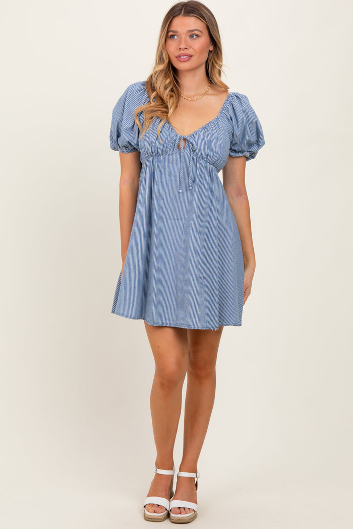 Blue Striped Chambray Front Tie Maternity Mini Dress