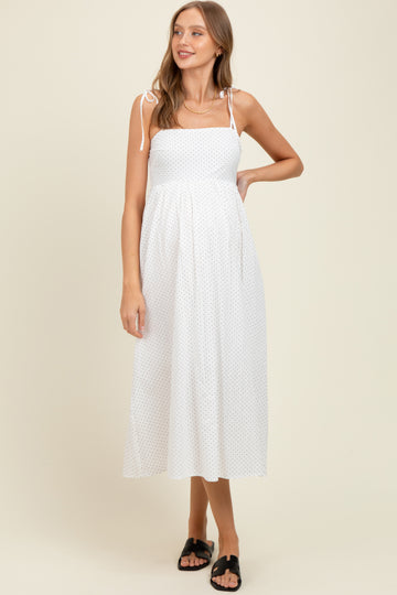 Ivory Polka Dot Shoulder Tie Maternity Midi Dress