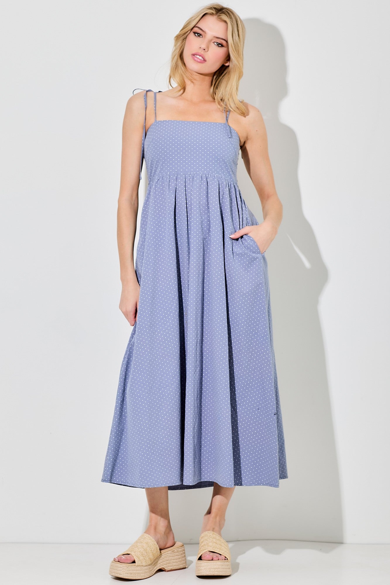 Blue Polka Dot Shoulder Tie Midi Dress