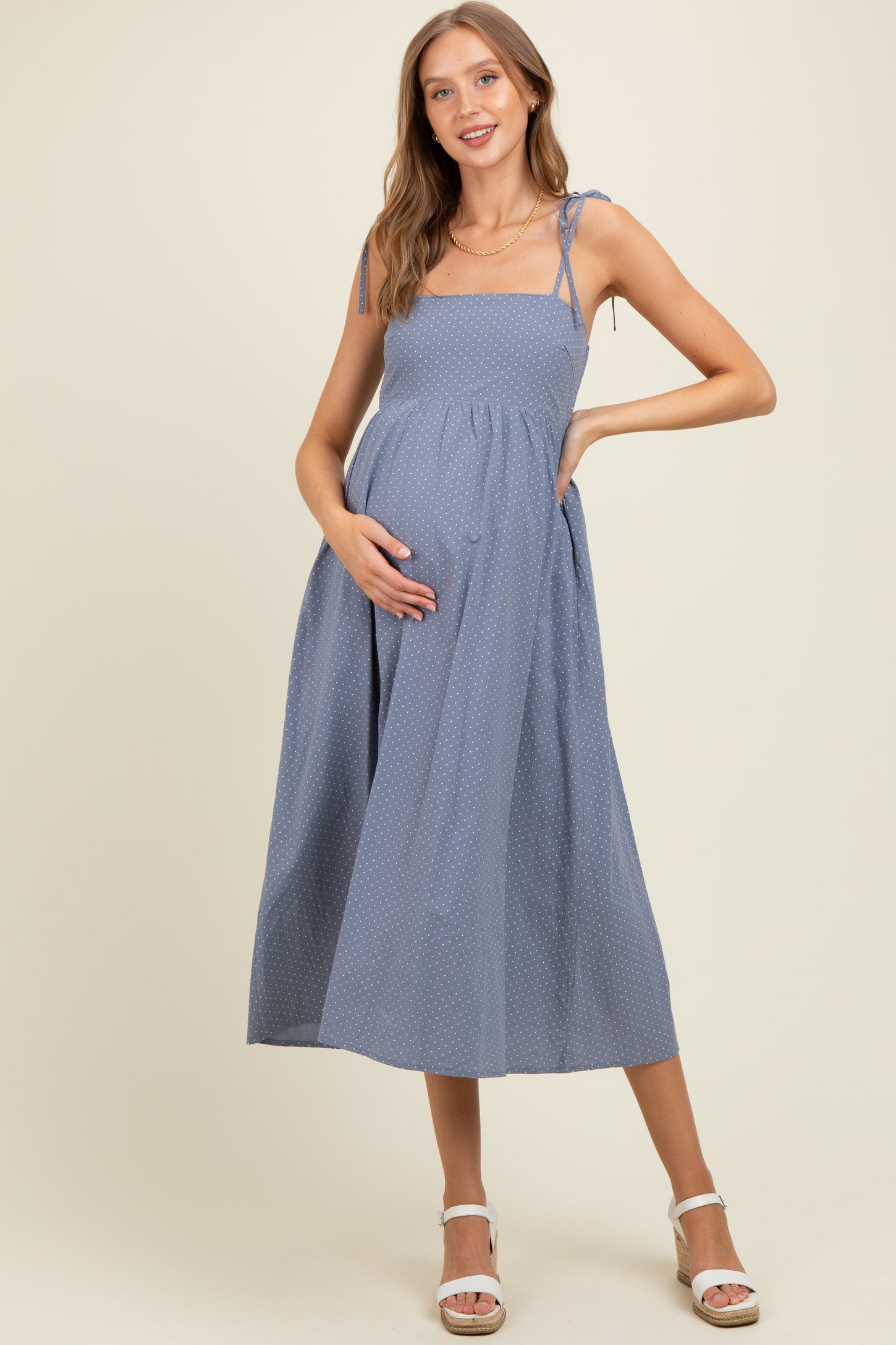 Blue Polka Dot Shoulder Tie Maternity Midi Dress