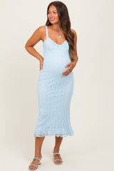 Light Blue Lace Overlay Sweetheart Neckline Maternity Midi Dress