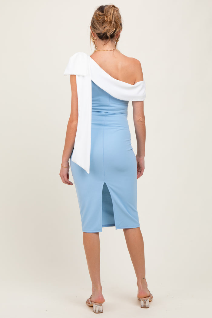 Blue Colorblock One Shoulder Draped Maternity Midi Dress