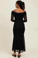 Black Mesh Overlay Off Shoulder Long Sleeve Midi Dress