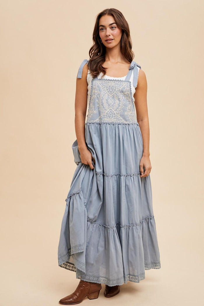 Blue Embroidered Ruffle Tiered Apron Dress