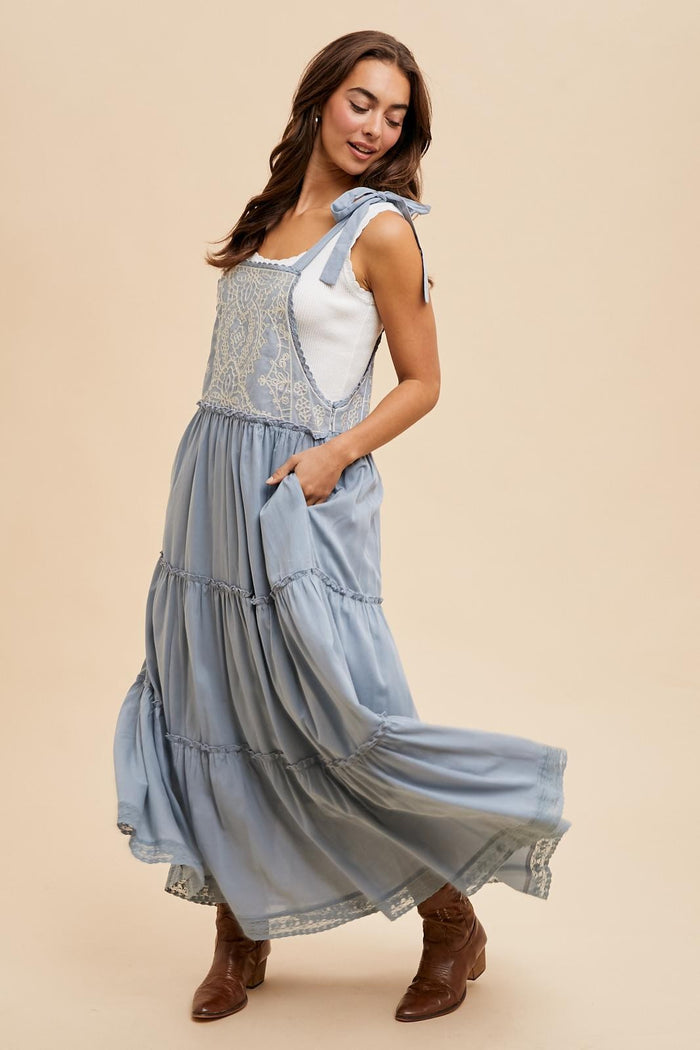 Blue Embroidered Ruffle Tiered Apron Dress