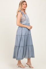 Blue Embroidered Ruffle Tiered Apron Maternity Dress