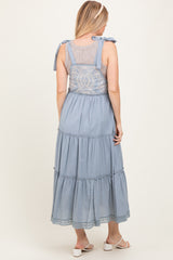 Blue Embroidered Ruffle Tiered Apron Maternity Dress