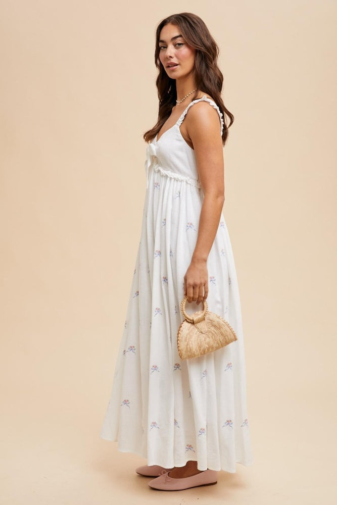 White Embroidered Front Bow Tie Maxi Dress