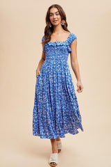 Royal Blue Floral Smocked Ruffle Detail Midi Dress
