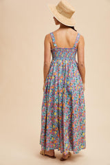 Blue Floral Scallop Detail Sleeveless Maxi Dress